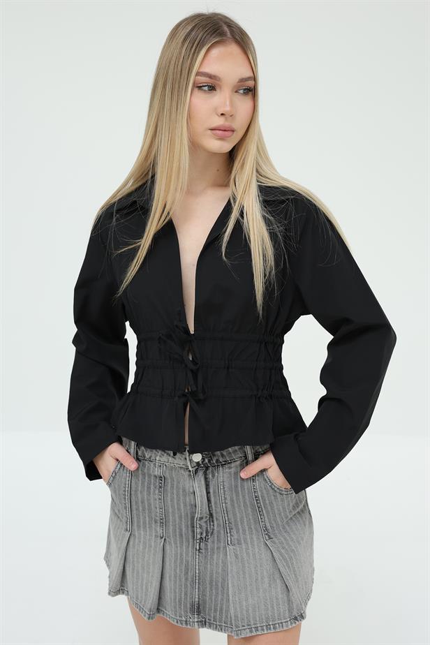 RYN Front Lace-Up Blouse - Black - Silao