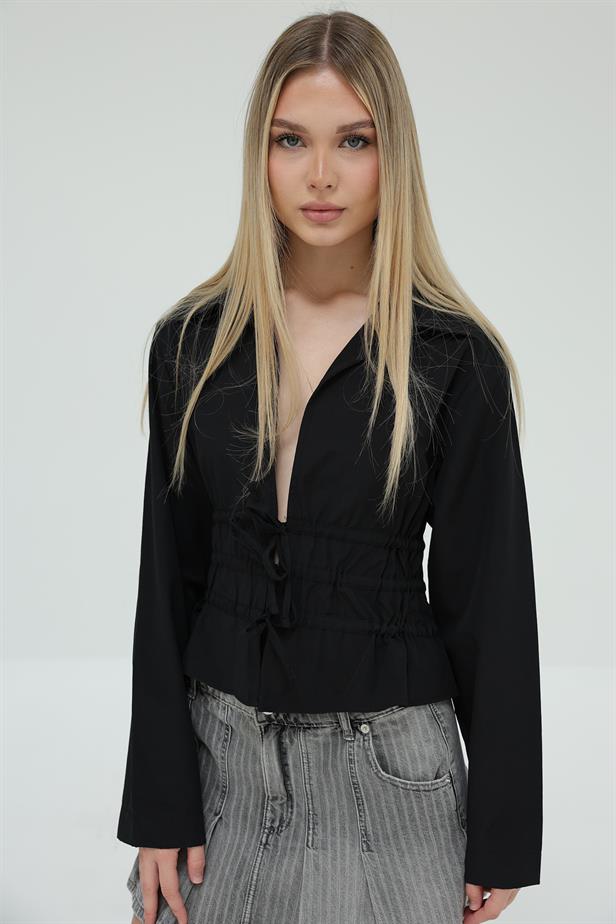 RYN Front Lace-Up Blouse - Black - Silao
