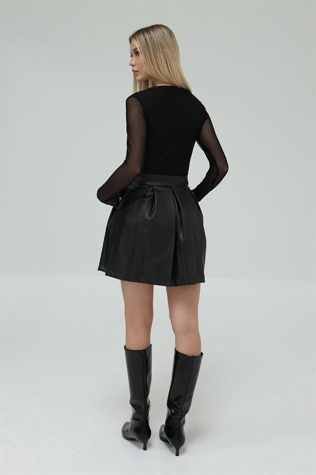 RYN Tulle Blouse Leather Dress - Black - Chilón