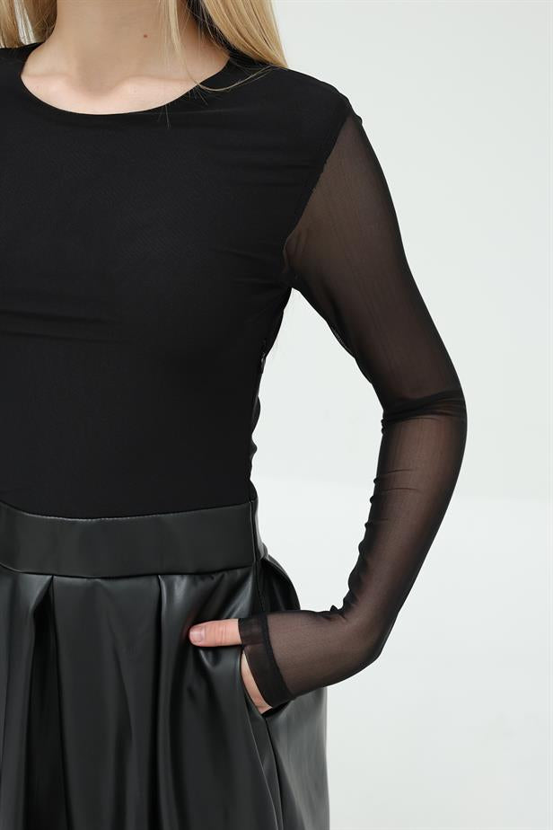 RYN Tulle Blouse Leather Dress - Black - Chilón