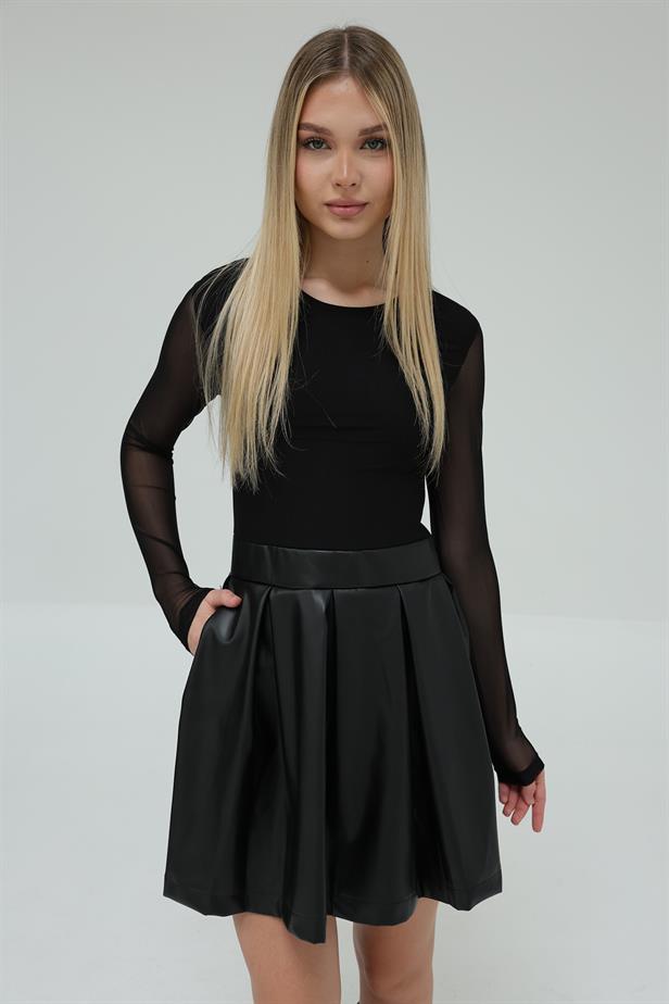 RYN Tulle Blouse Leather Dress - Black - Chilón