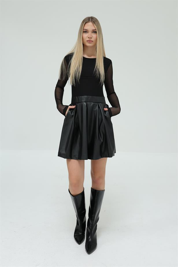 RYN Tulle Blouse Leather Dress - Black - Chilón