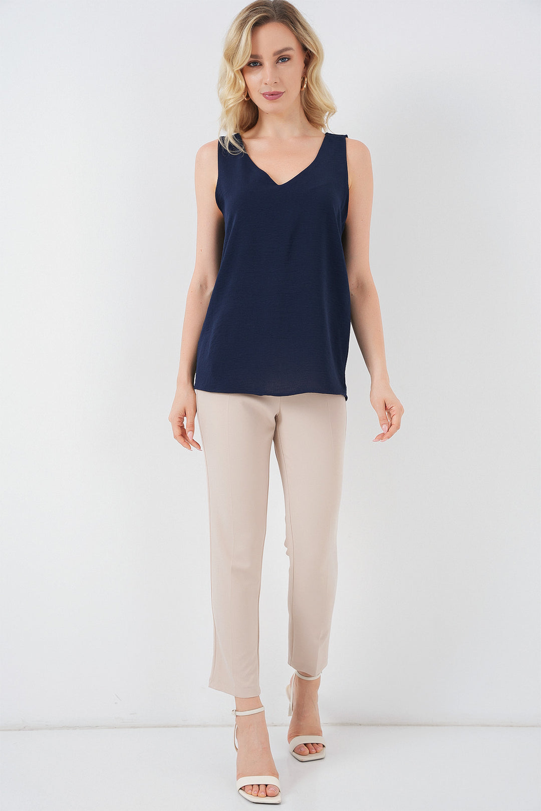 BGD Women V Neck Sleeveless Blouse 950 - Navy Blue - Pristina