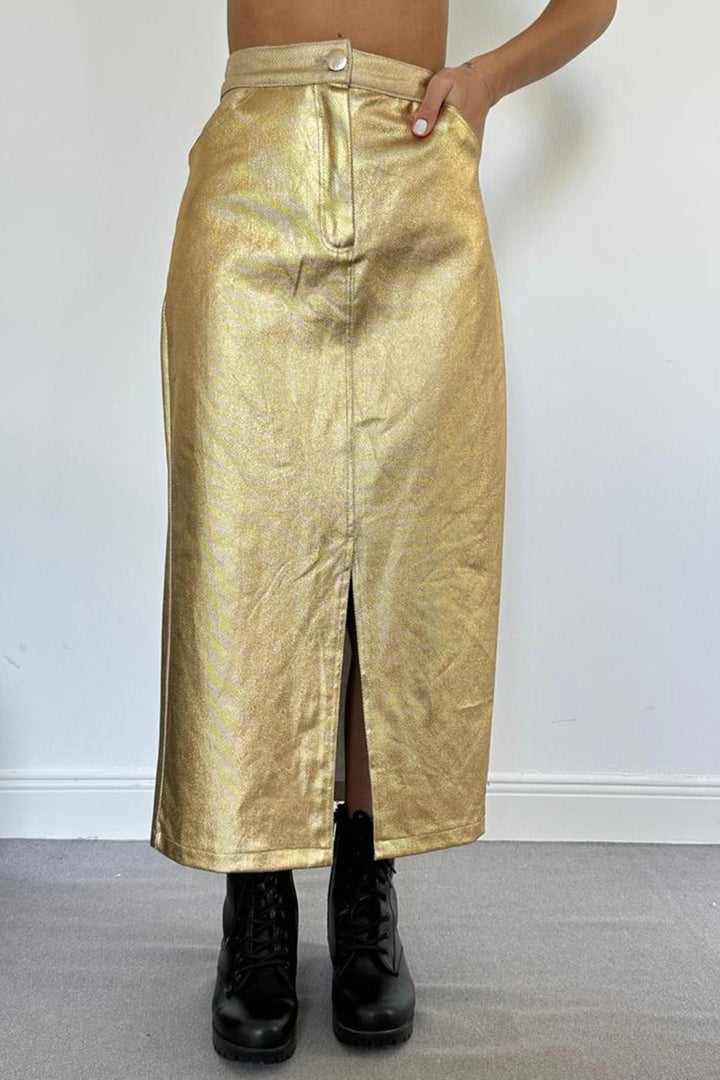 ELS Gold Gabardine Skirt with Slit and Sequins - Carlsbad