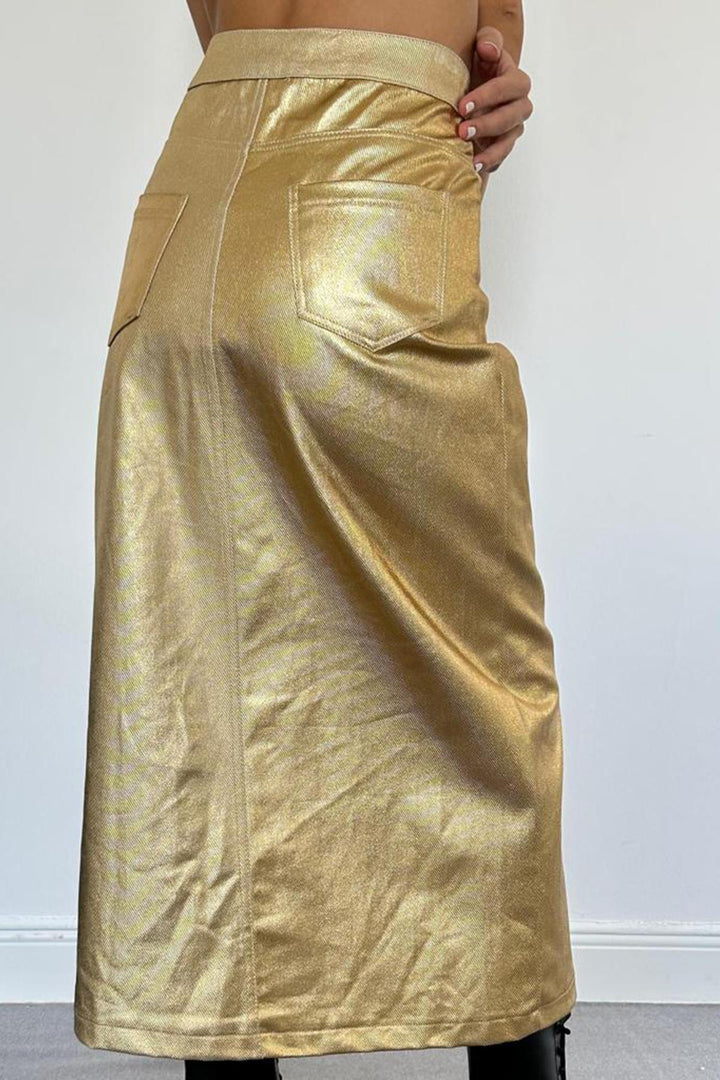 ELS Gold Gabardine Skirt with Slit and Sequins - Carlsbad