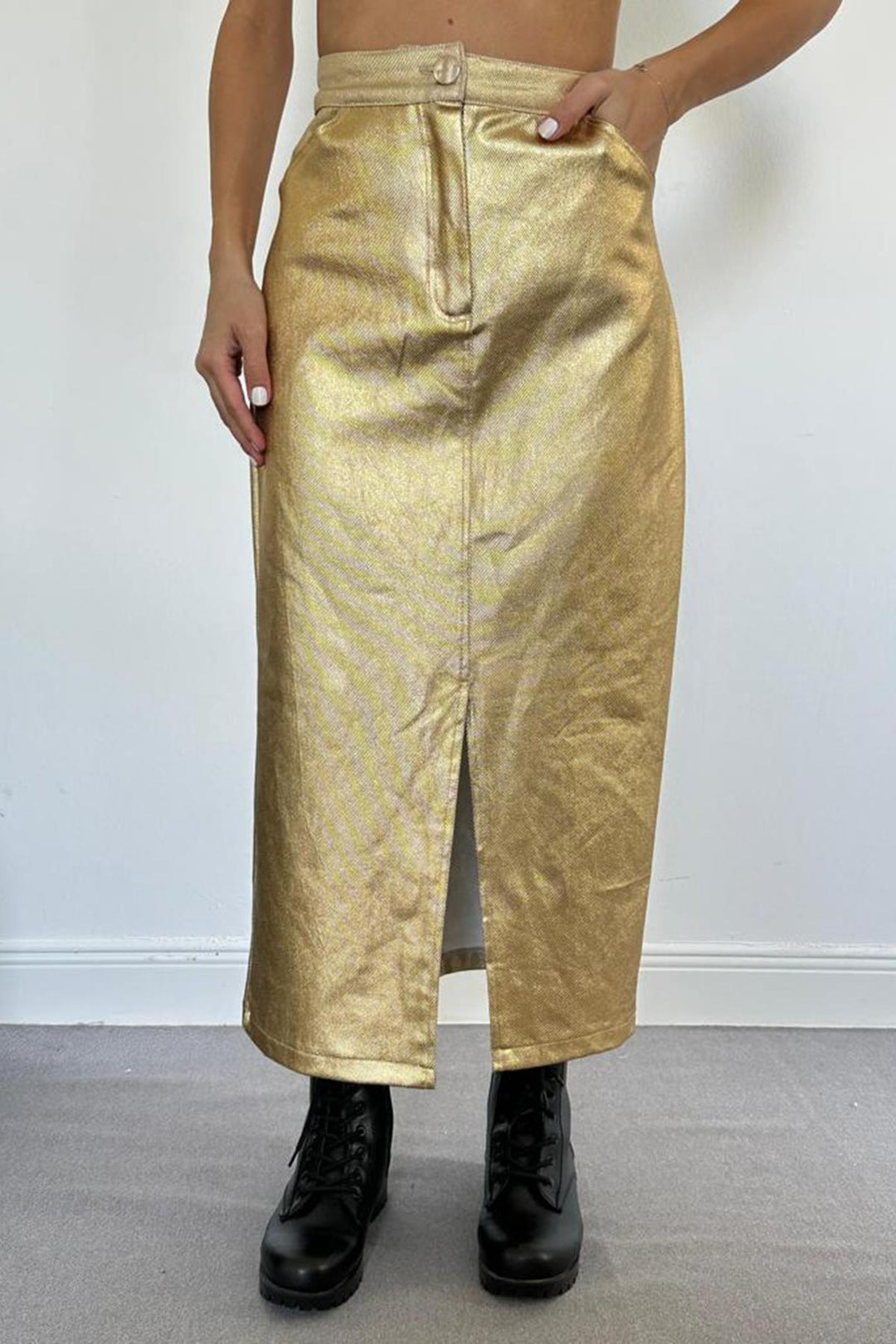 ELS Gold Gabardine Skirt with Slit and Sequins - Carlsbad