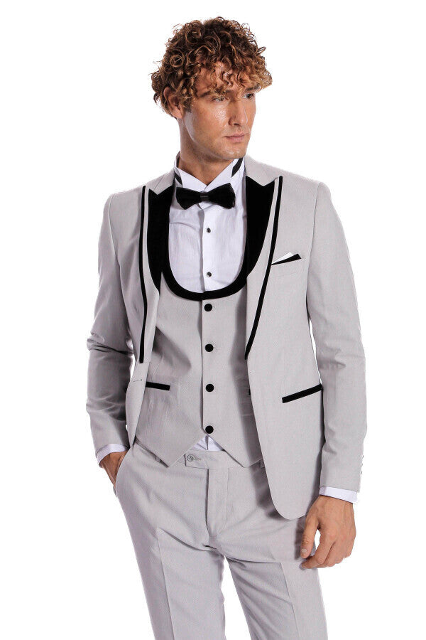 WSS Velvet Lapel Vested Patterned Grey Men Tuxedo  - Manteca