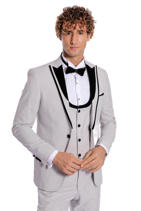 WSS Velvet Lapel Vested Patterned Grey Men Tuxedo  - Manteca