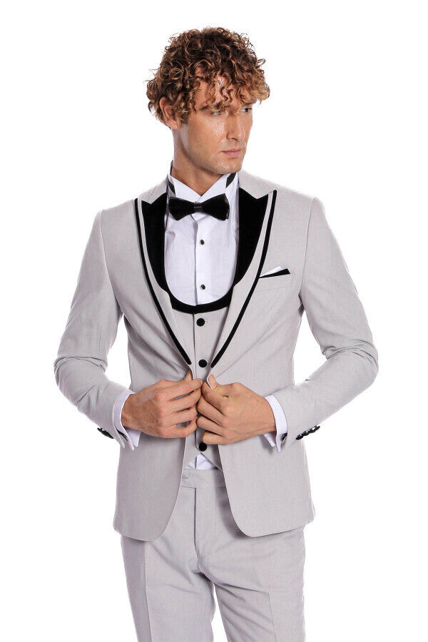 WSS Velvet Lapel Vested Patterned Grey Men Tuxedo  - Manteca