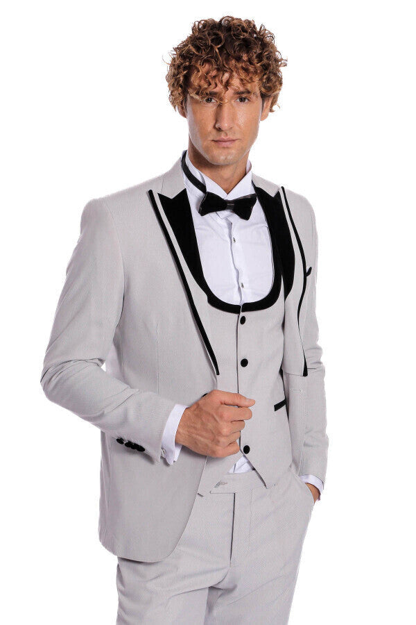 WSS Velvet Lapel Vested Patterned Grey Men Tuxedo  - Manteca