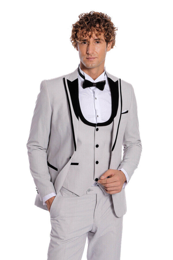 WSS Velvet Lapel Vested Patterned Grey Men Tuxedo  - Manteca