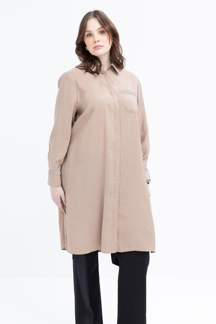 TLD Women Allday Beige Beige-Striped Lace-Detailed Plus Size Modal Shirt - Slatina