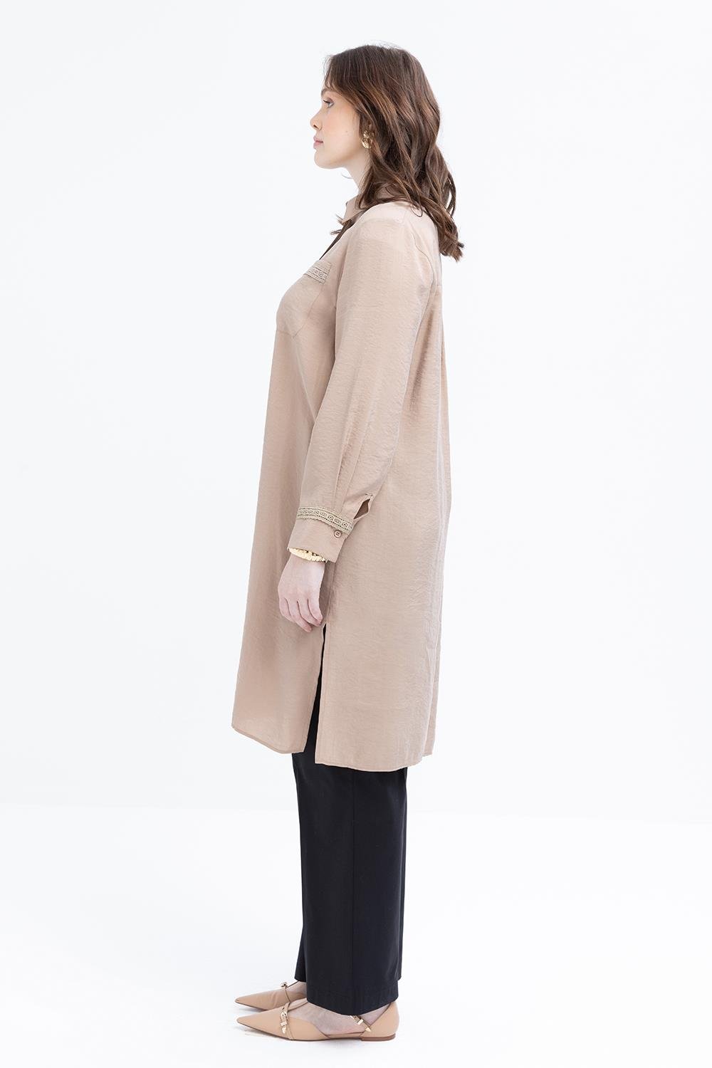 TLD Women Allday Beige Beige-Striped Lace-Detailed Plus Size Modal Shirt - Slatina