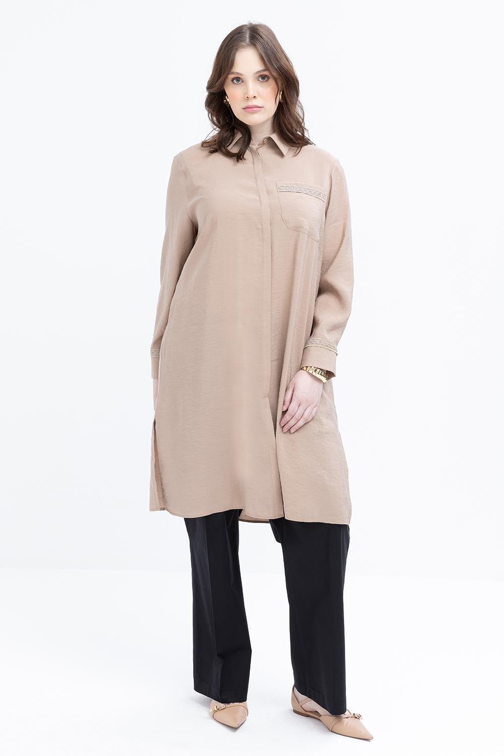 TLD Women Allday Beige Beige-Striped Lace-Detailed Plus Size Modal Shirt - Slatina