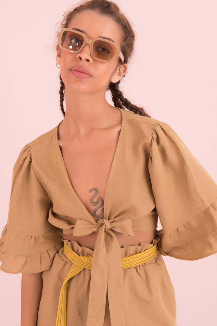 BSL Women Flounce Sleeve Tie Front Blouse - Burgos