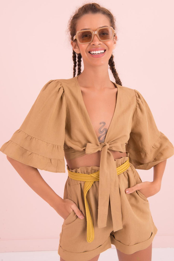 BSL Women Flounce Sleeve Tie Front Blouse - Burgos