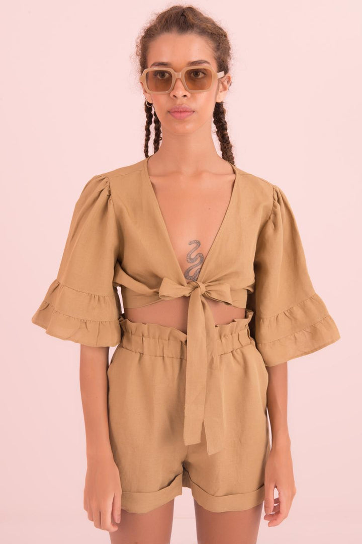 BSL Women Flounce Sleeve Tie Front Blouse - Burgos