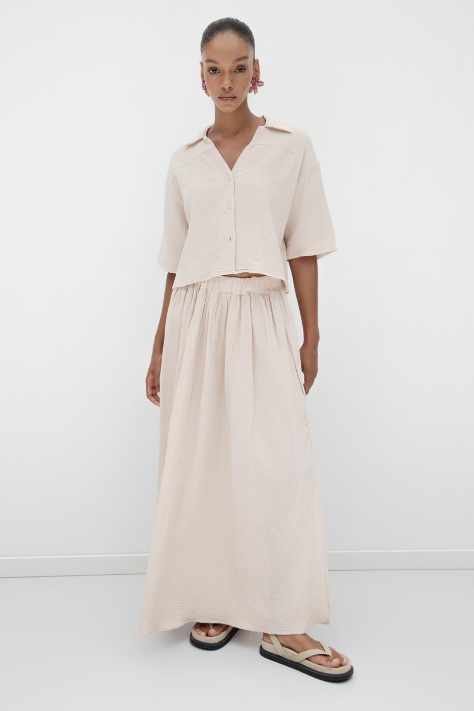 BSL Women 100% Cotton Flounce Slit Detailed Midi Skirt - Littleton