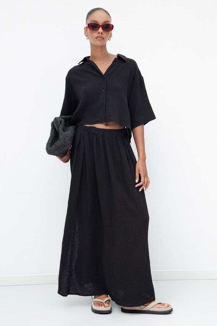 BSL Women 100% Cotton Flounce Slit Detailed Midi Skirt - Tamiami