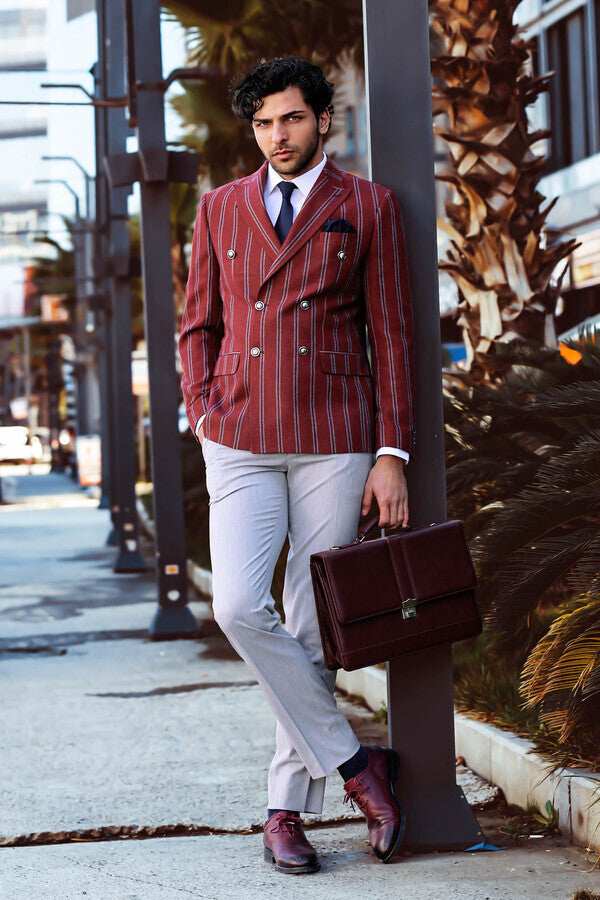 WSS Wide Lapel Striped Double Breasted Burgundy Men Blazer  - Westchester