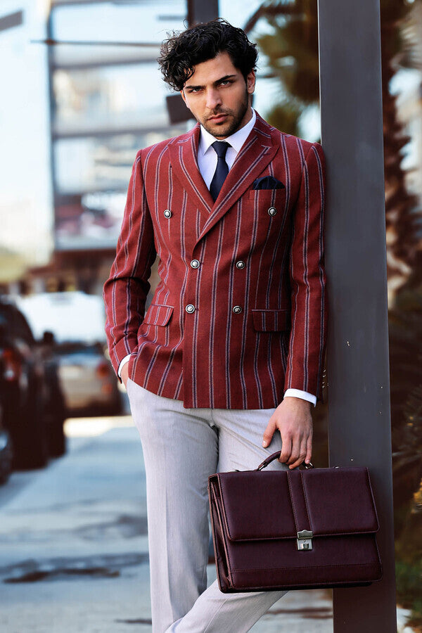 WSS Wide Lapel Striped Double Breasted Burgundy Men Blazer  - Westchester