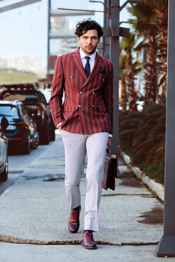 WSS Wide Lapel Striped Double Breasted Burgundy Men Blazer  - Westchester