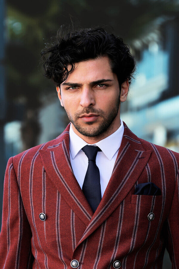 WSS Wide Lapel Striped Double Breasted Burgundy Men Blazer  - Westchester