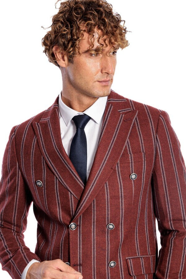 WSS Wide Lapel Striped Double Breasted Burgundy Men Blazer  - Westchester
