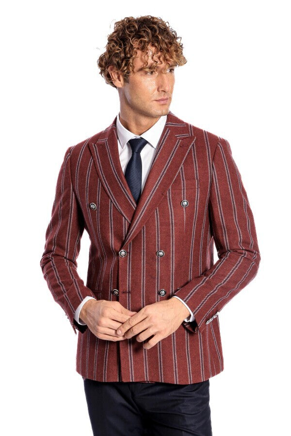 WSS Wide Lapel Striped Double Breasted Burgundy Men Blazer  - Westchester