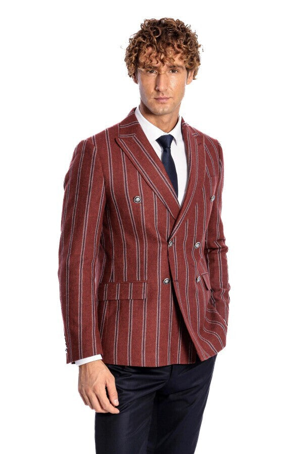 WSS Wide Lapel Striped Double Breasted Burgundy Men Blazer  - Westchester