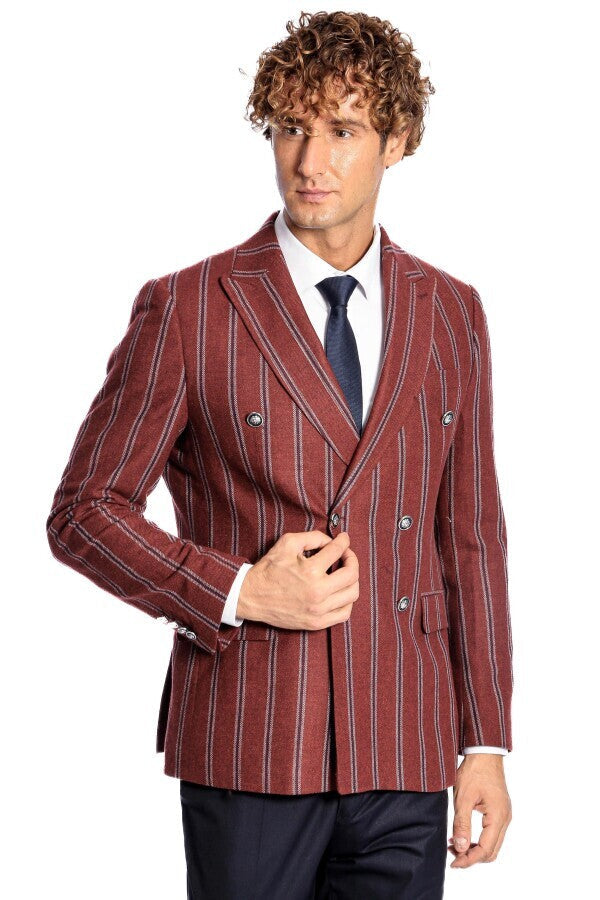 WSS Wide Lapel Striped Double Breasted Burgundy Men Blazer  - Westchester