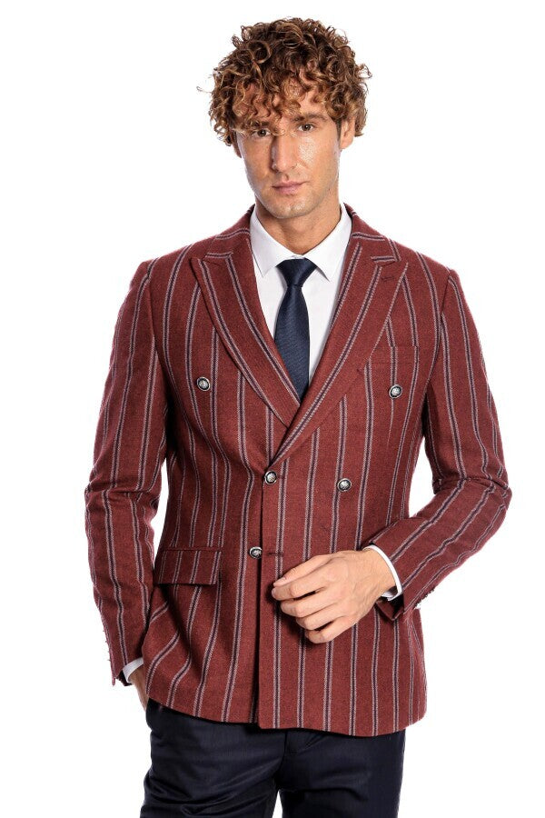 WSS Wide Lapel Striped Double Breasted Burgundy Men Blazer  - Westchester