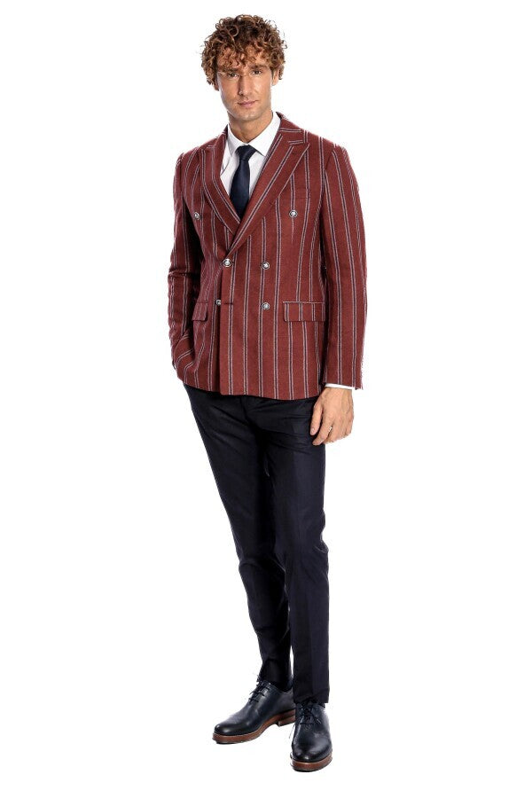 WSS Wide Lapel Striped Double Breasted Burgundy Men Blazer  - Westchester