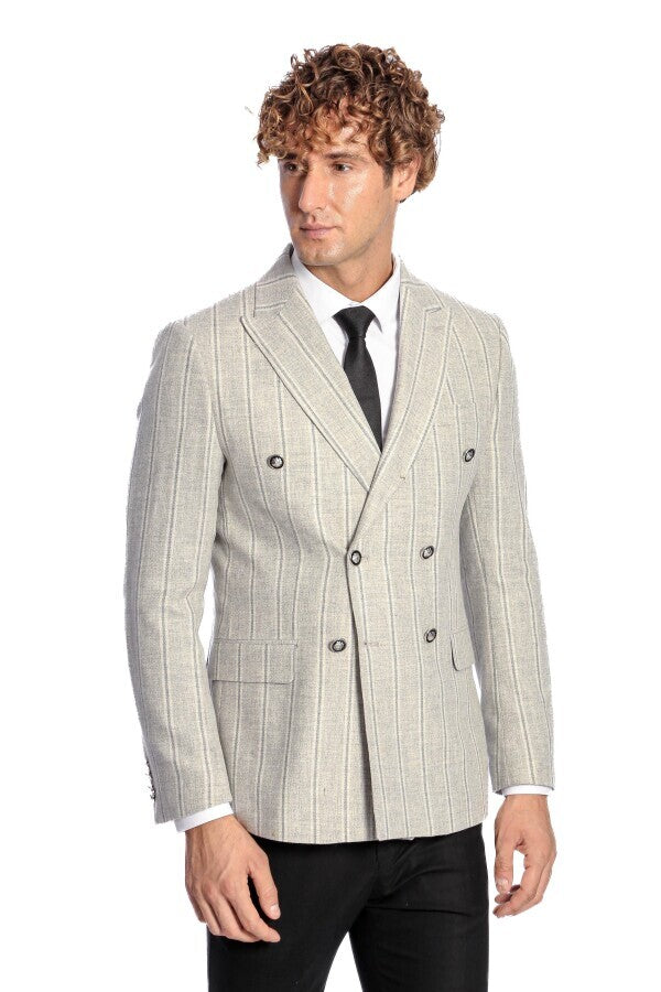 WSS Wide Lapel Striped Double Breasted Grey Men Blazer  - Wiesbaden