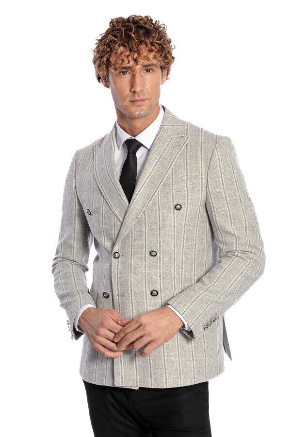 WSS Wide Lapel Striped Double Breasted Grey Men Blazer  - Wiesbaden