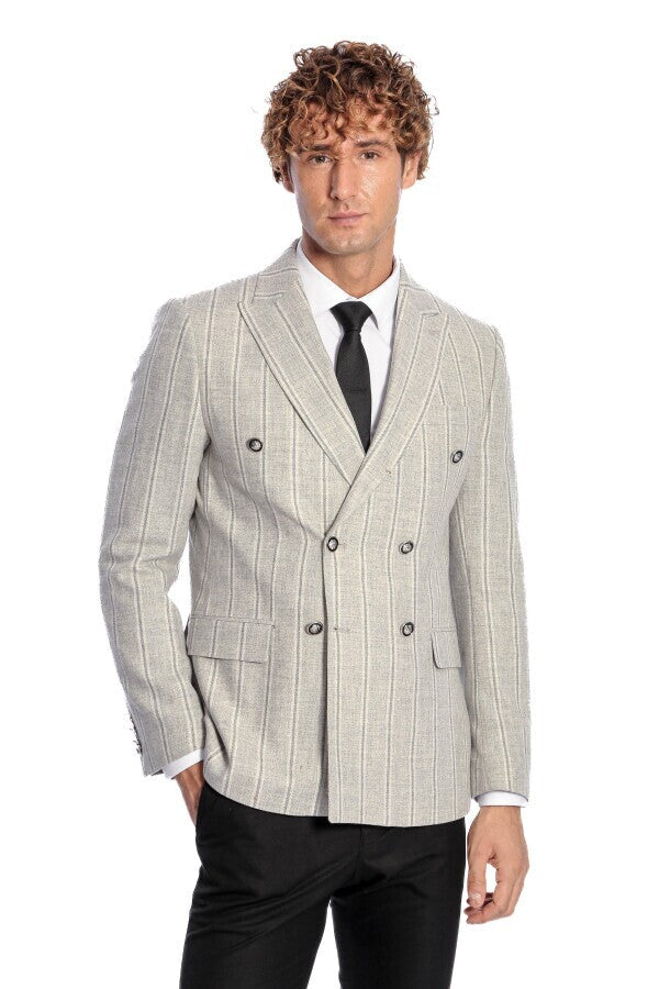 WSS Wide Lapel Striped Double Breasted Grey Men Blazer  - Wiesbaden