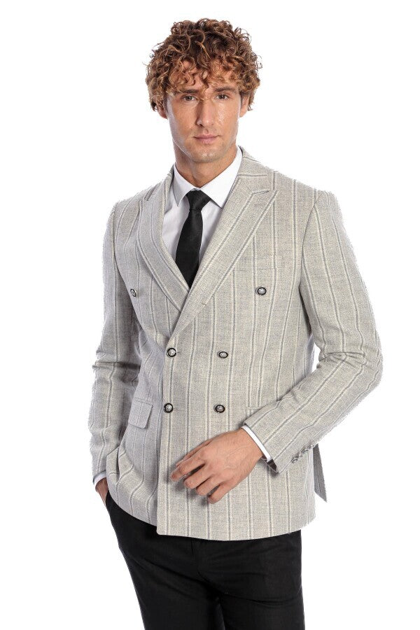 WSS Wide Lapel Striped Double Breasted Grey Men Blazer  - Wiesbaden
