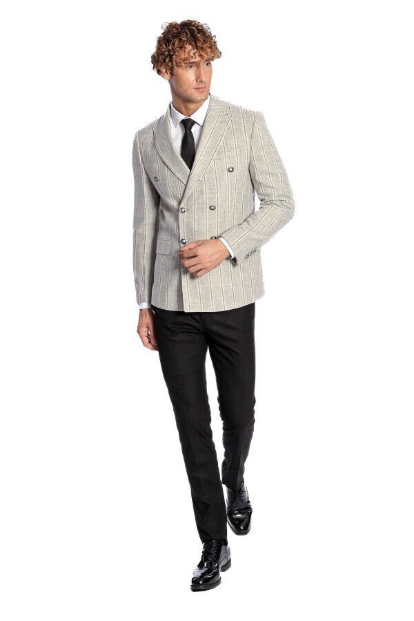 WSS Wide Lapel Striped Double Breasted Grey Men Blazer  - Wiesbaden