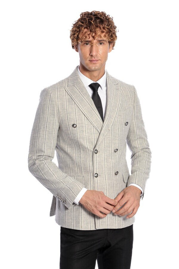 WSS Wide Lapel Striped Double Breasted Grey Men Blazer  - Wiesbaden