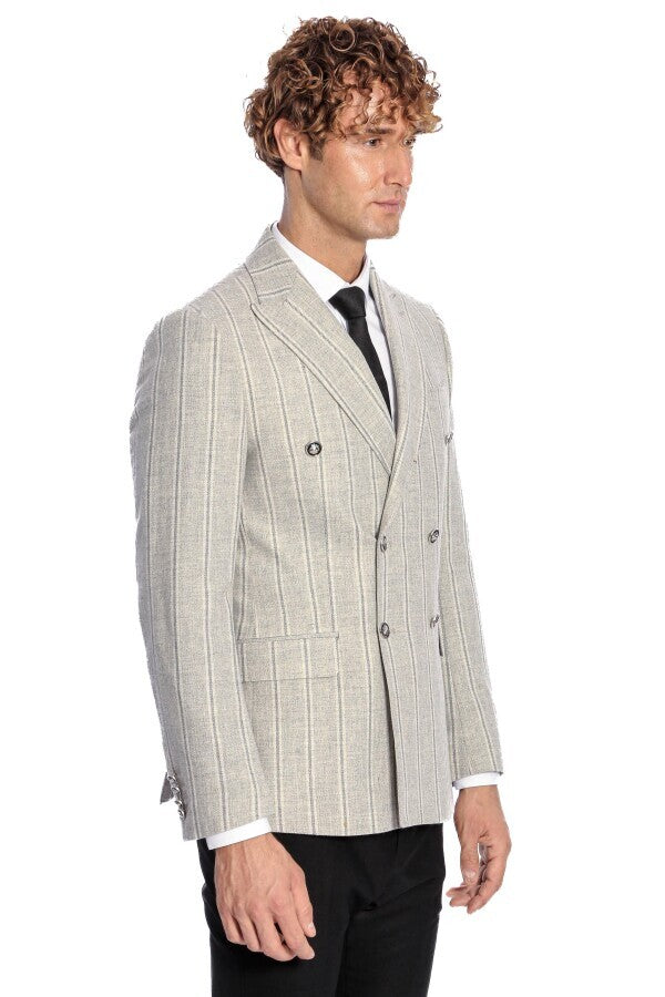 WSS Wide Lapel Striped Double Breasted Grey Men Blazer  - Wiesbaden