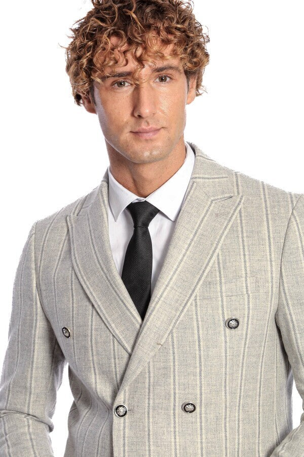 WSS Wide Lapel Striped Double Breasted Grey Men Blazer  - Wiesbaden