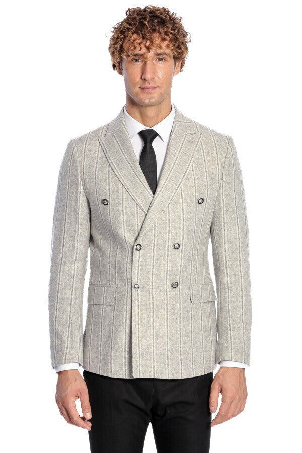 WSS Wide Lapel Striped Double Breasted Grey Men Blazer  - Wiesbaden