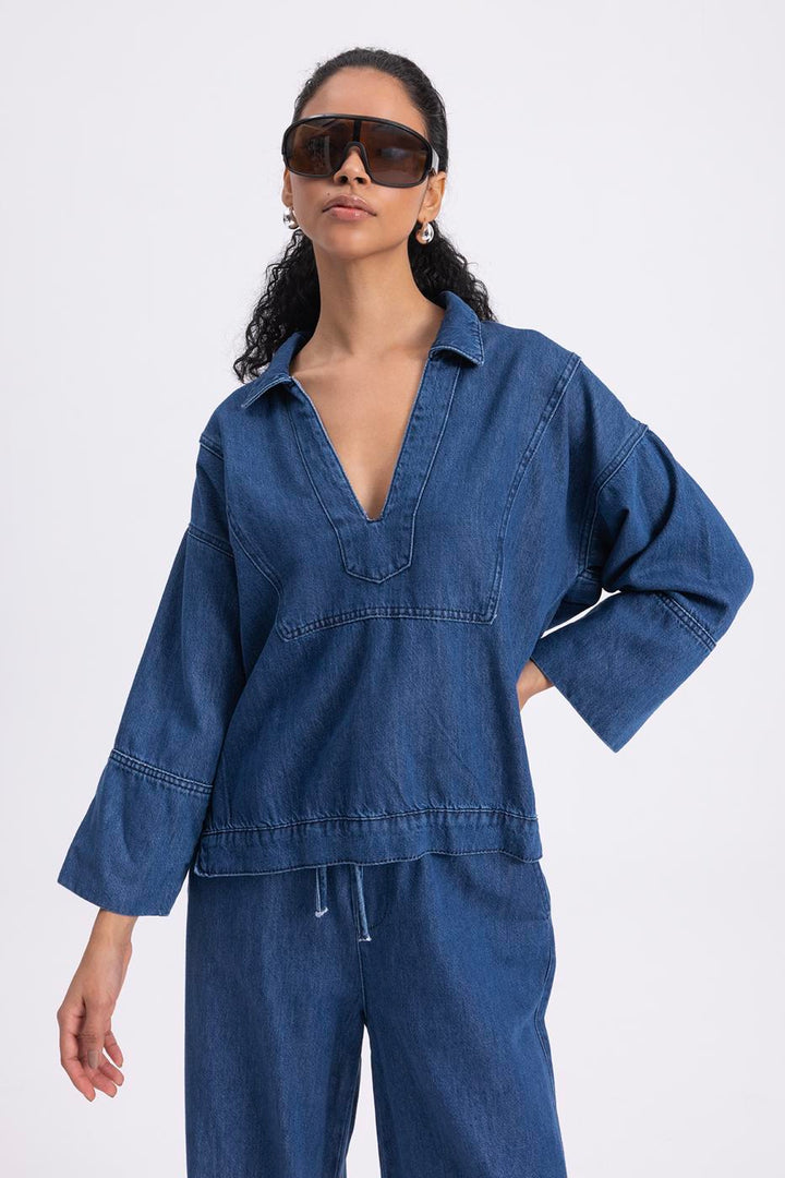 BSL Women Collar Detailed Denim Blouse - Weimar