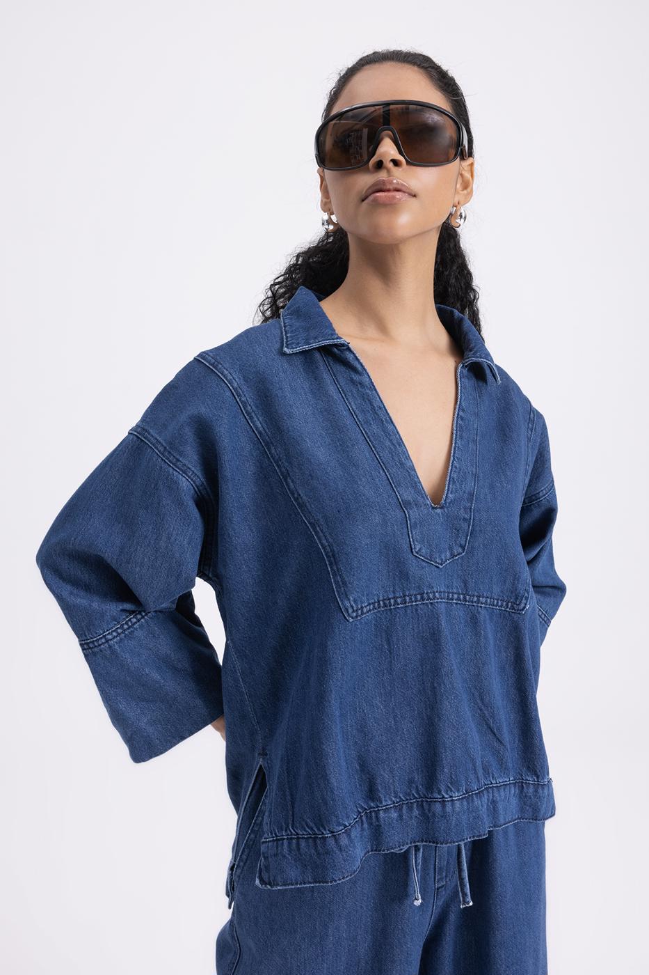 BSL Women Collar Detailed Denim Blouse - Weimar