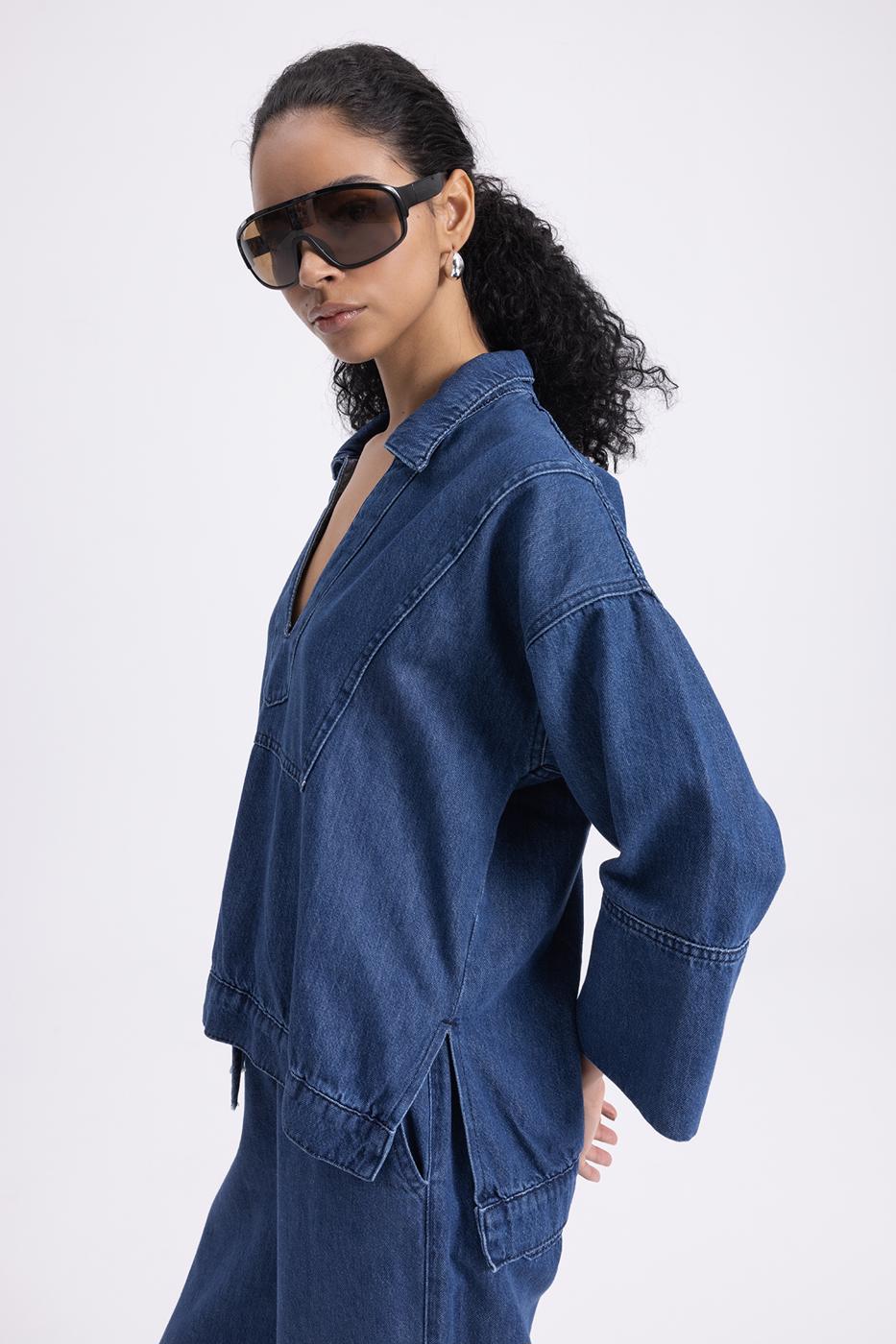BSL Women Collar Detailed Denim Blouse - Weimar