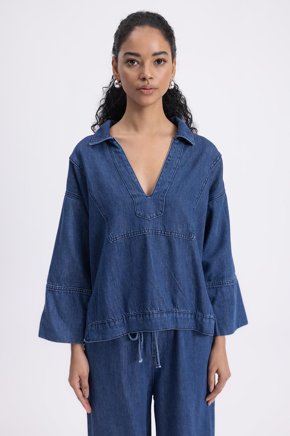 BSL Women Collar Detailed Denim Blouse - Weimar