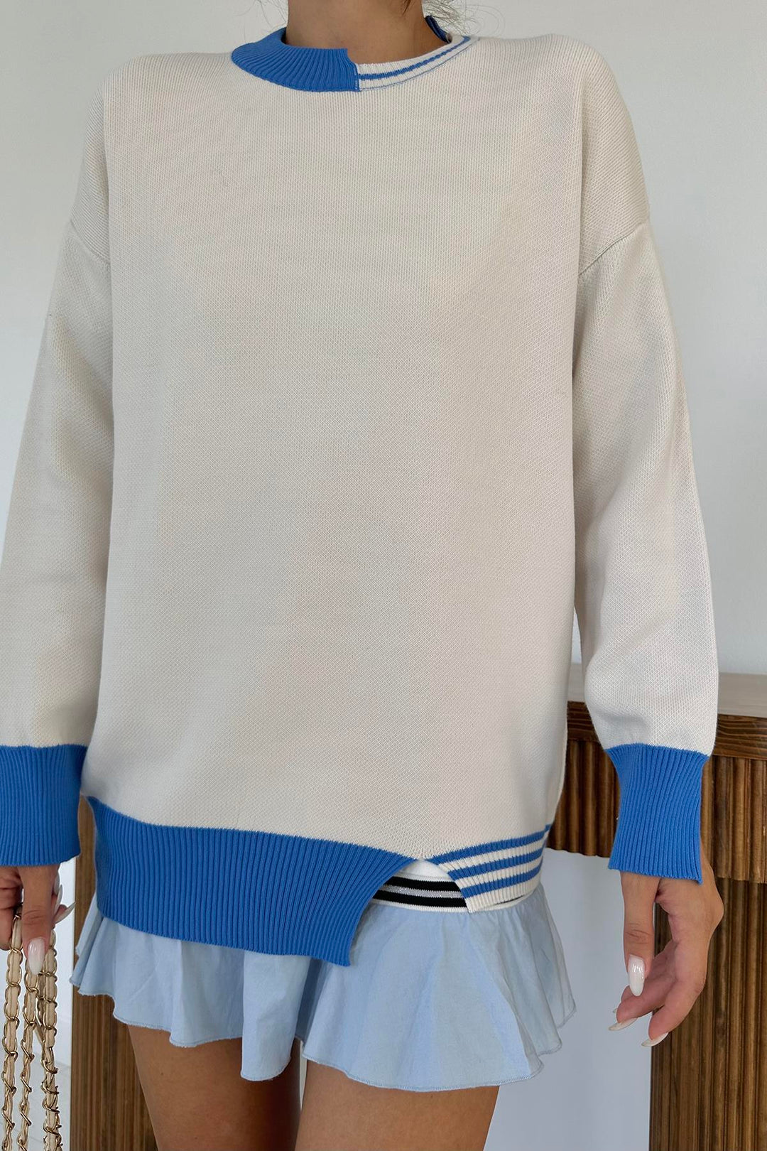 ELS Neck and Cuff Trimmed Knit Sweater - Blue - Palaió Fáliro