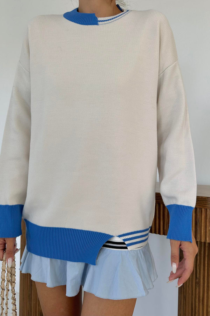 ELS Neck and Cuff Trimmed Knit Sweater - Blue - Palaió Fáliro