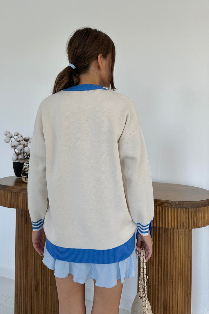 ELS Neck and Cuff Trimmed Knit Sweater - Blue - Palaió Fáliro