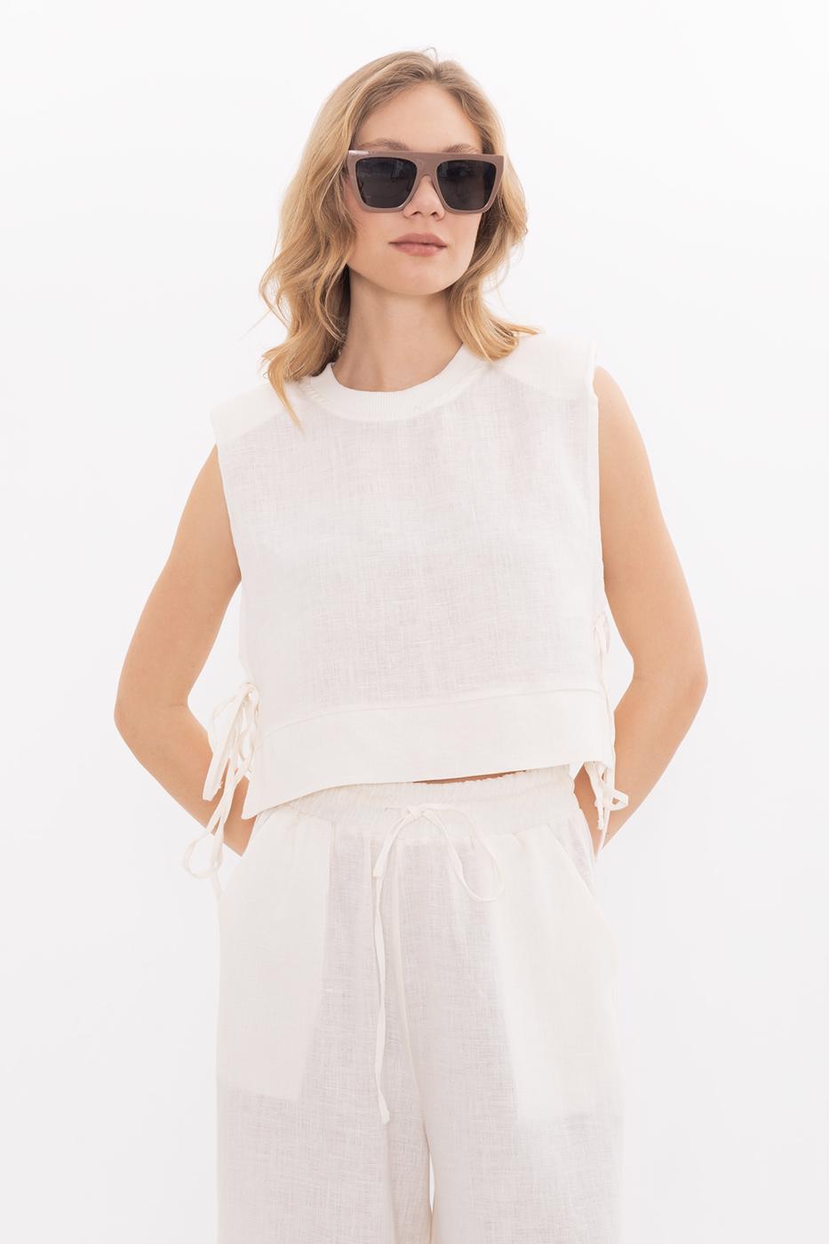 BSL Women Crop Linen Blouse with Side Tie - Ciudad Hidalgo